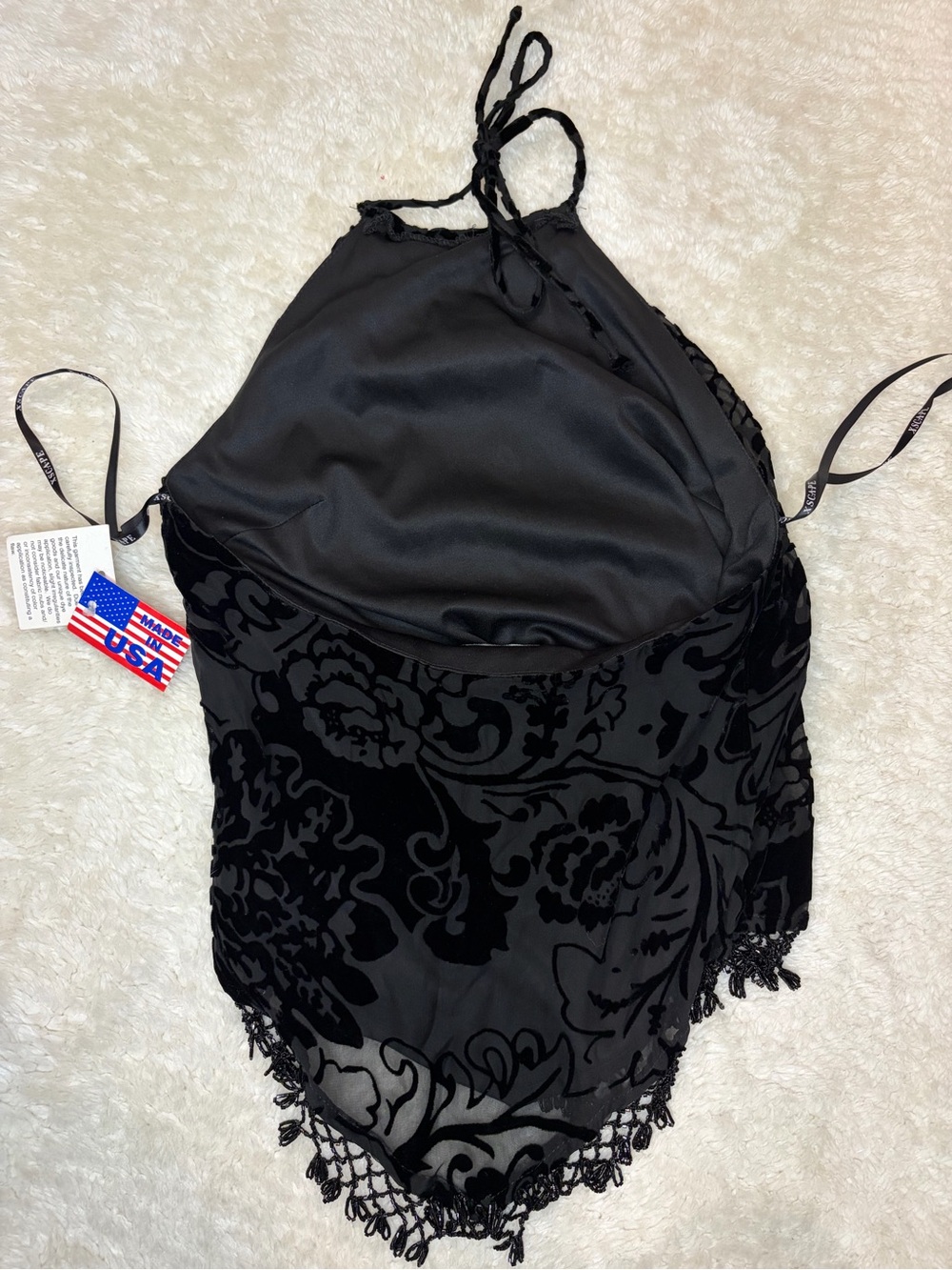 Vintage black velvet burnout tie halter top beaded trim open back deadstock - Picture 7 of 12